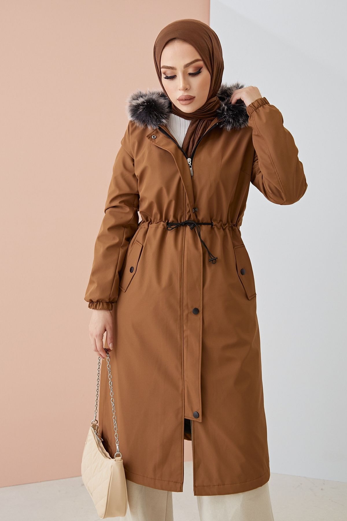 festmoda Kadın Uzun Su Geçirmez Mont Kahve