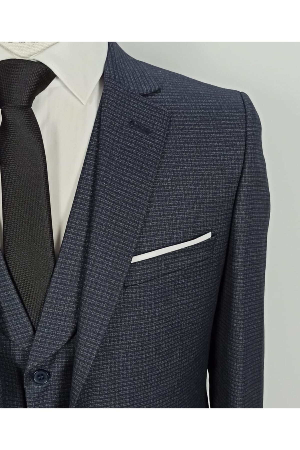 Dewsa Plus Mono Yaka Tek Düğmeli Slimfit Piti Kare Desenli Çift Yırtmaçlı Lacivert Yelekli Takım Elbise