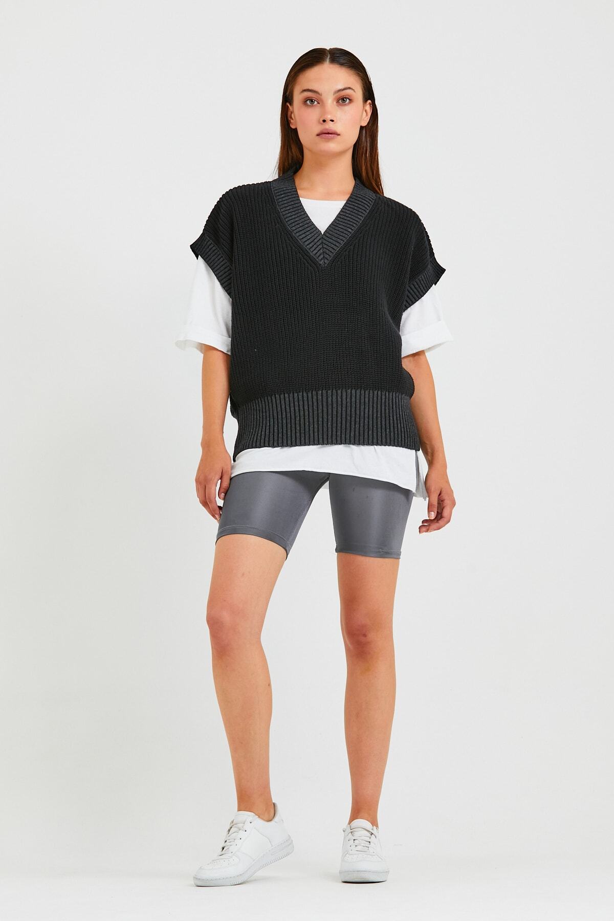 OFLEE Kadın Siyah V Yaka Selanik Triko Süveter