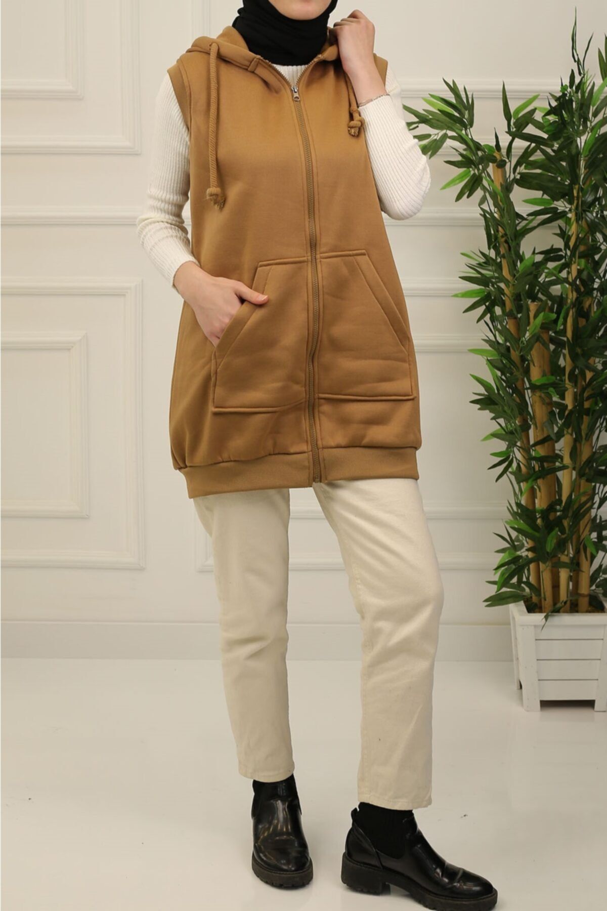 İmajButik Üç Iplik Fermuarlı Yelek/camel