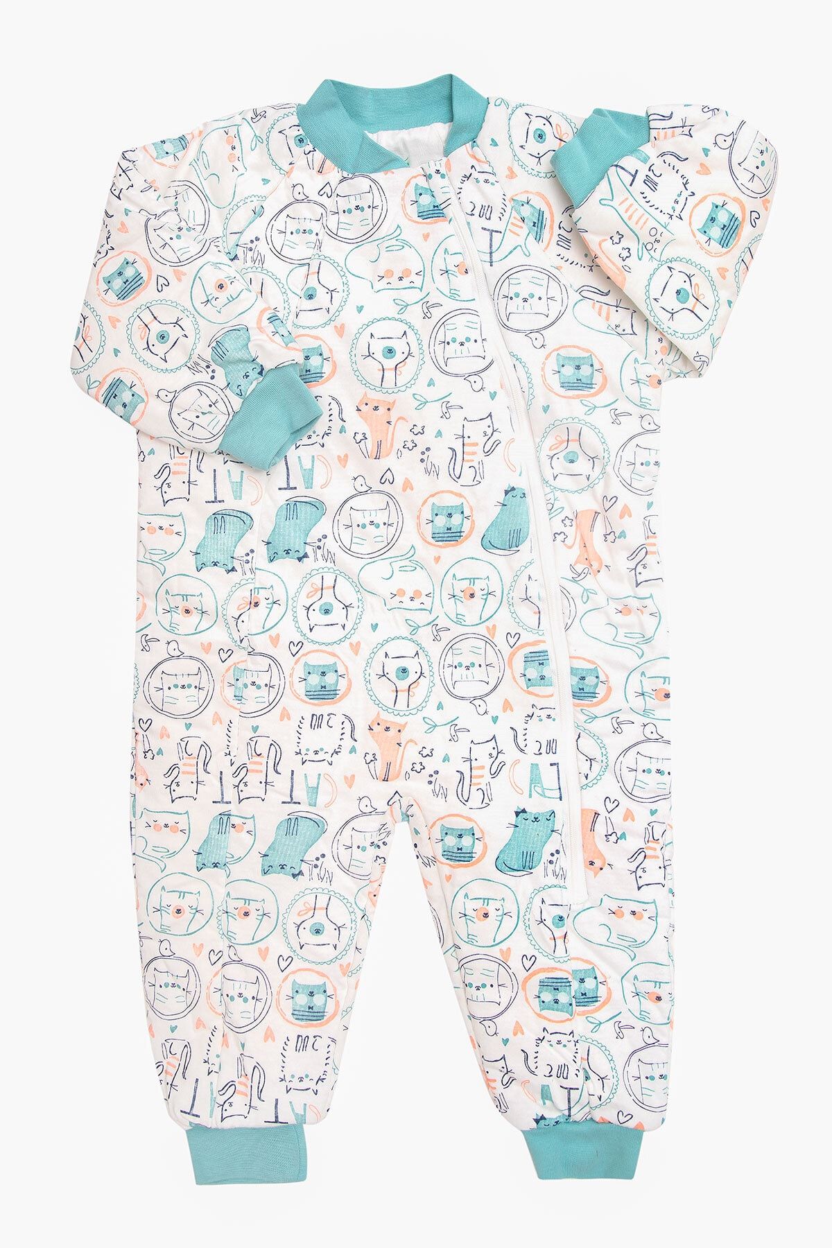 Mika Bebek & Çocuk Dar Kalıp Turkuaz Somon Kedi Desenli Unisex Bebek Çocuk Uyku Tulumu