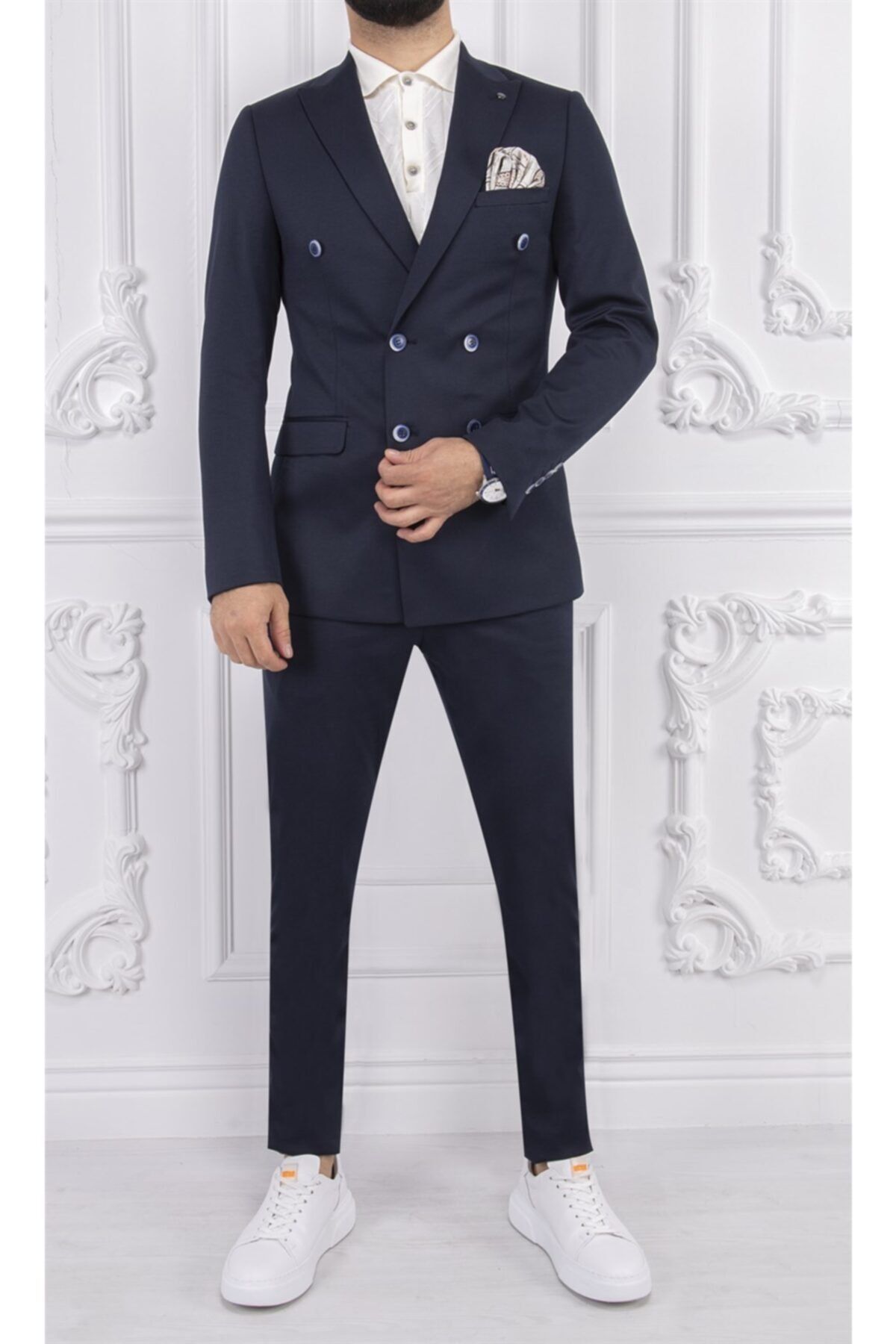 PACO ROMANO Erkek Slim Fit Sivri Yaka Yarım Astar Kruvaze Lacivert Takım Elbise