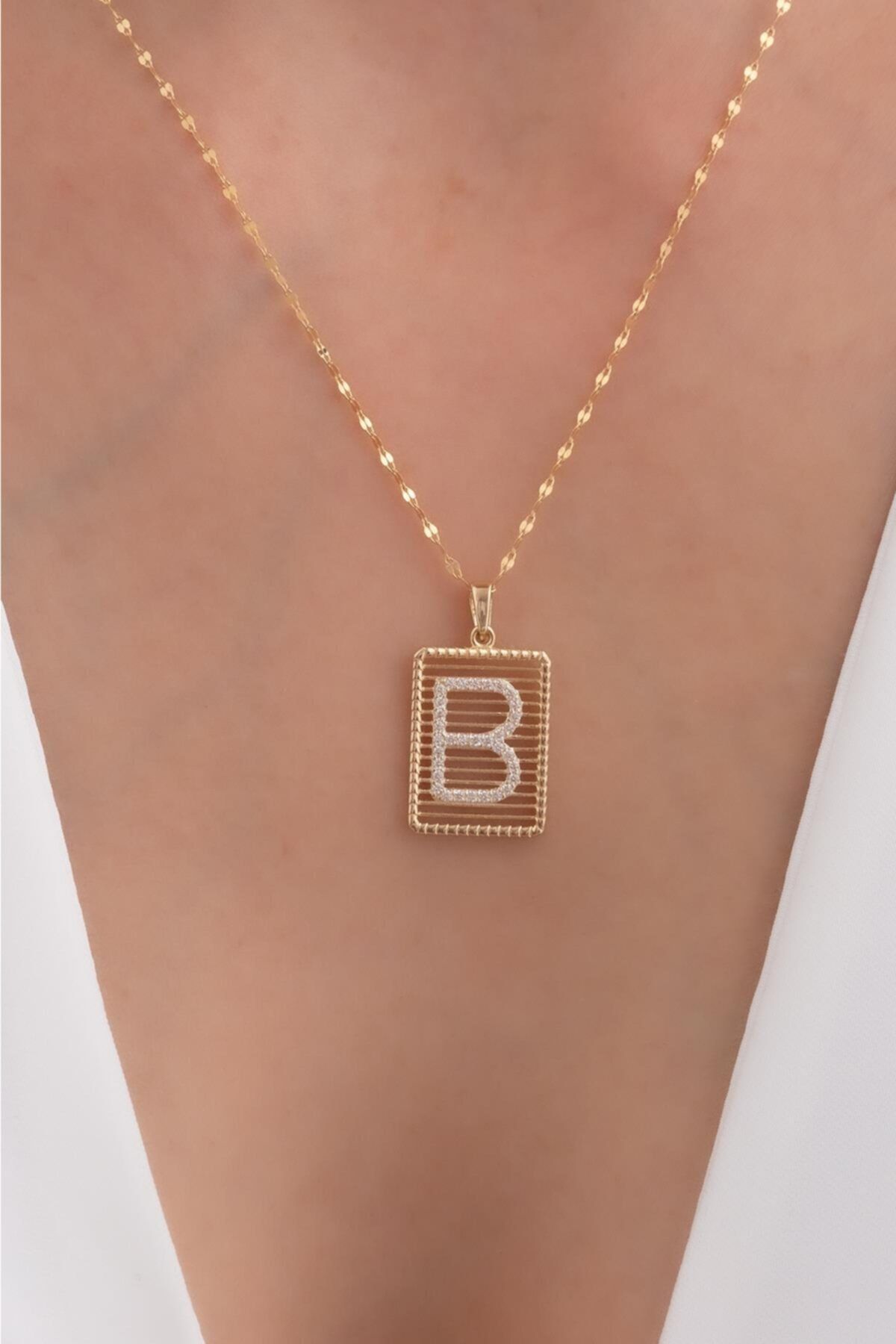 Bayar Gold Kadın Gold 14 Ayar Altın B Harfli Taşlı Telli Kolye