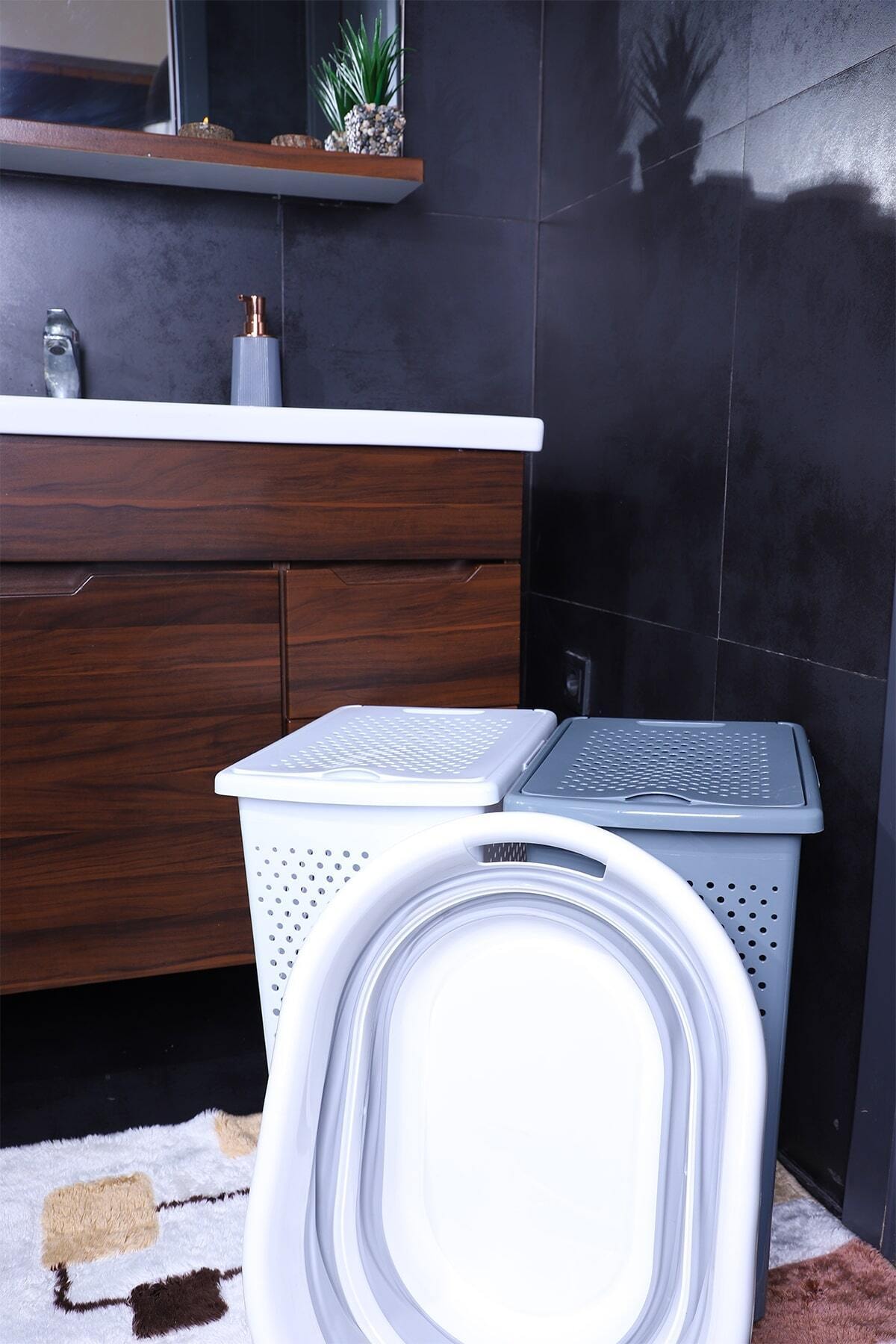 Tuffex 2'li Slim Kirli Sepeti Ve Katlanır Çamaşır Sepeti - Plastik Kirli Sepeti Ve Çamaşır Sepeti