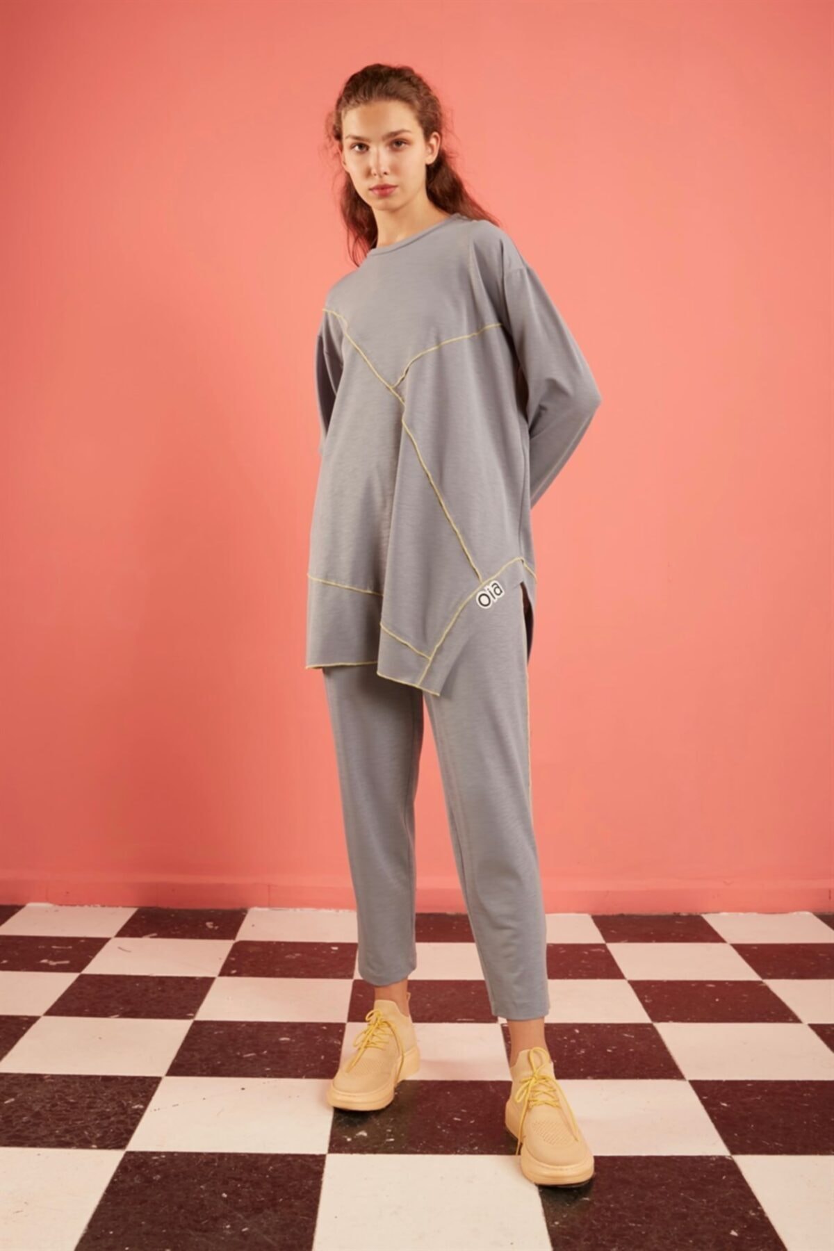 oia Gri S-19149 Örme Likralı Asimetrik Tunik Pantolon Alt Üst Eşofman Takım