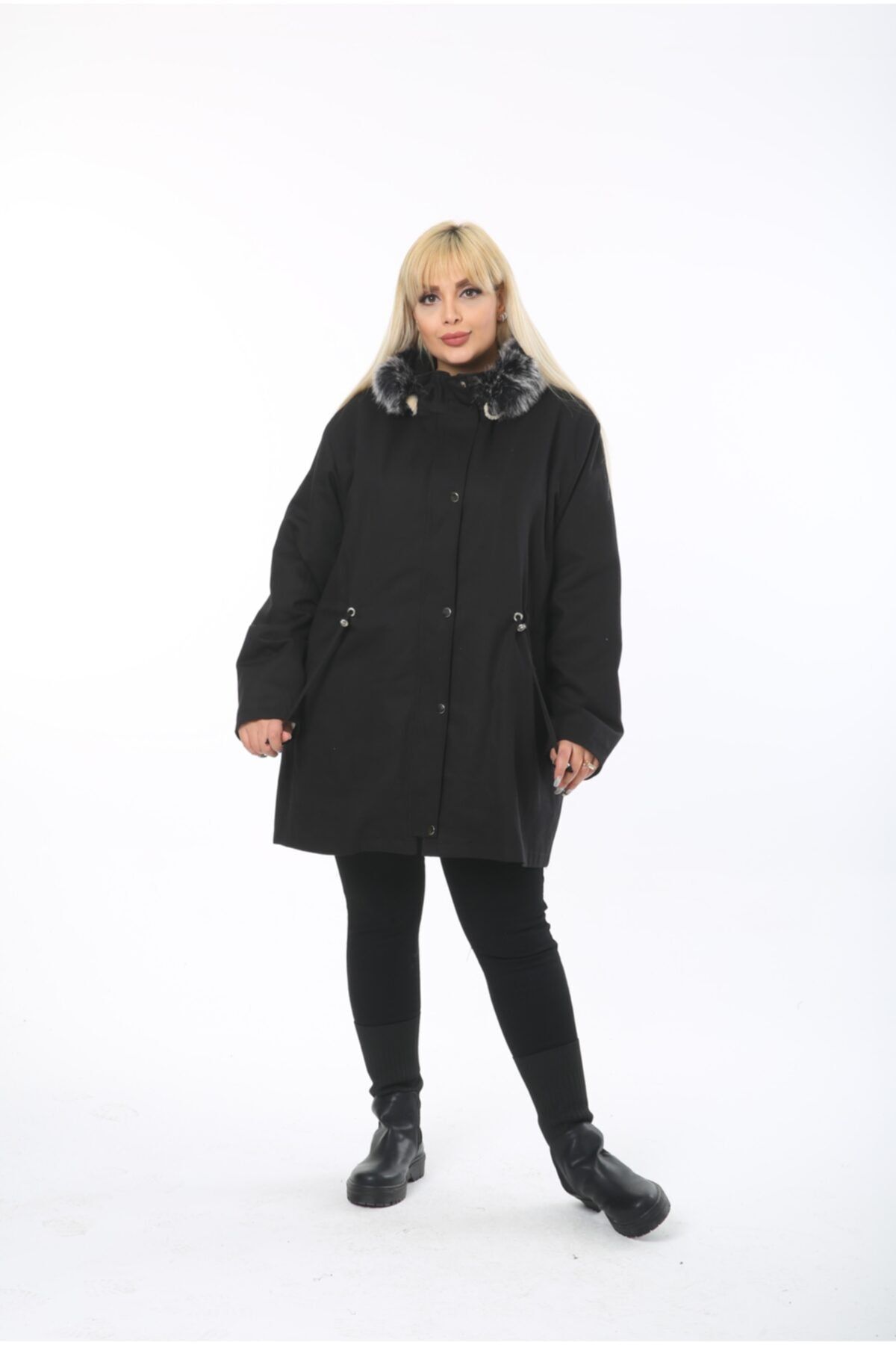 By Alba Collection Kadın Siyah Gabardin Içi Kıvırcık Büyük Beden Mont