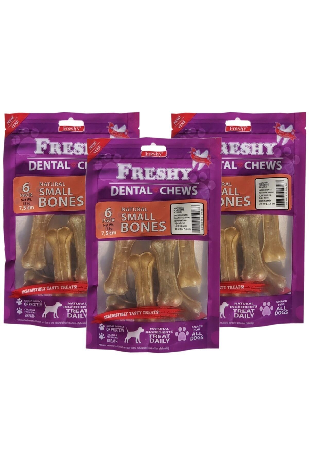 Freshy Küçük Boy Natürel Dental Pres Kemik - 7,5 Santim (3 Inç) - 18'li Paket - Toplam 405 Gram