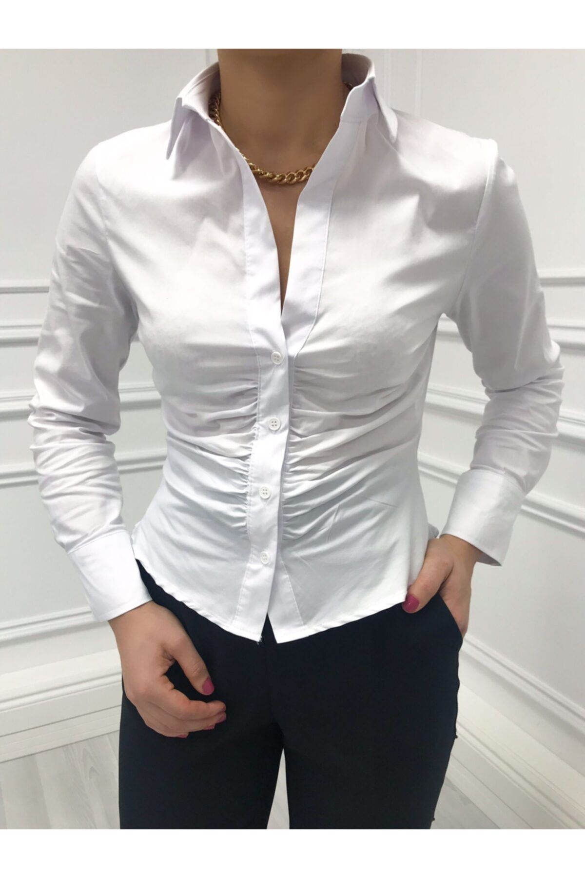 Dilvin 5871 Büzgülü Fit Gömlek - Beyaz