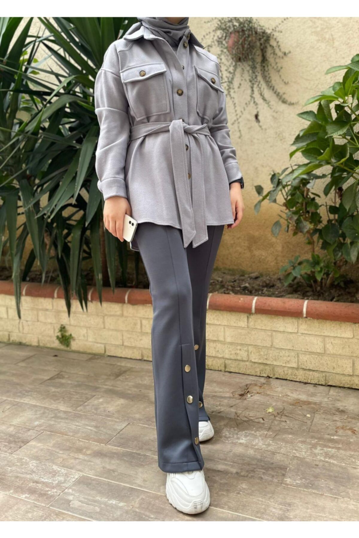 LA ROPA BUTİK Kadın Gri Çift Cep Kaşe Gömlek Ceket