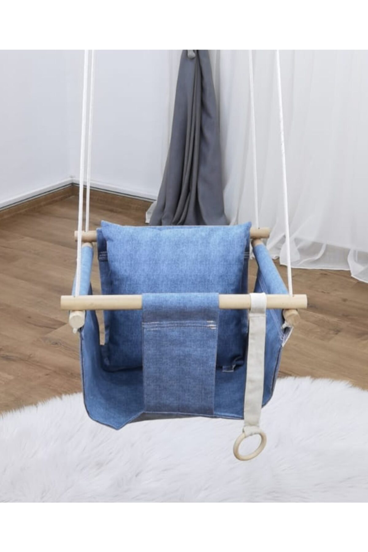 mordesign Eko Tavana Asılan Ahşap Bebek Salıncak Mavi