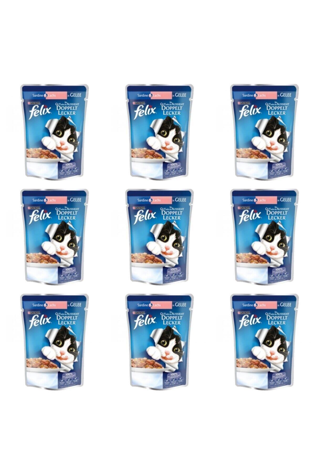 FELIX Pouch Somon Ve Sardalyalı Çifte Lezzet Yaş Kedi Maması 100 Gr 9 Lü