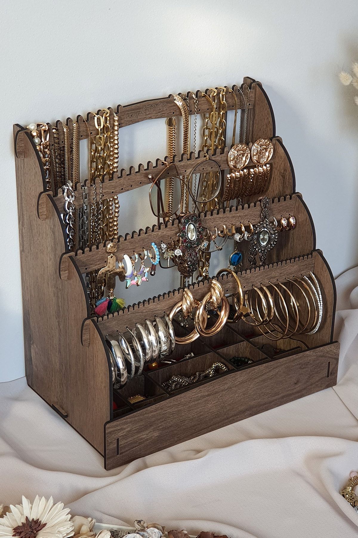 Design OTTO Diamond Small Organizer Kozmetik Makyaj Kolye Küpe Yüzük Takı Kutusu Düzenleyici Ceviz