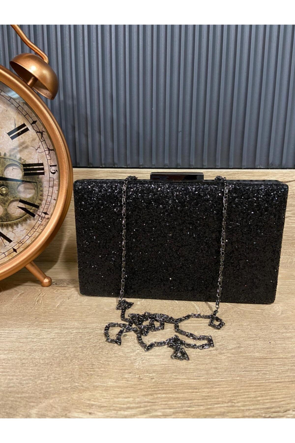 Satürn Boutique & Accessory Siyah Çift Taraf Kullanımlı, Saten - Cam Kırığı Pul Desenli Abiye Clutch Portföy Çanta