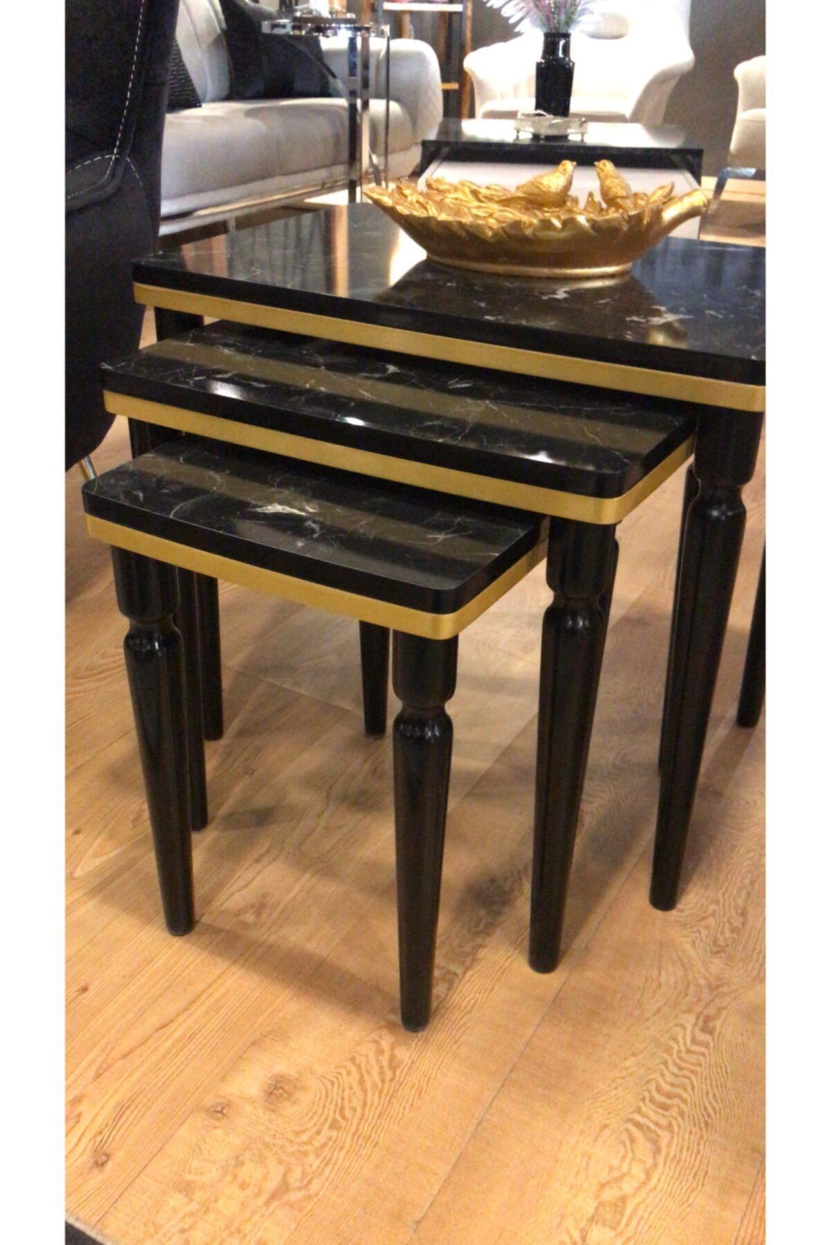AKSET 3lü Zigon Lüx Siyah Mermer Gold