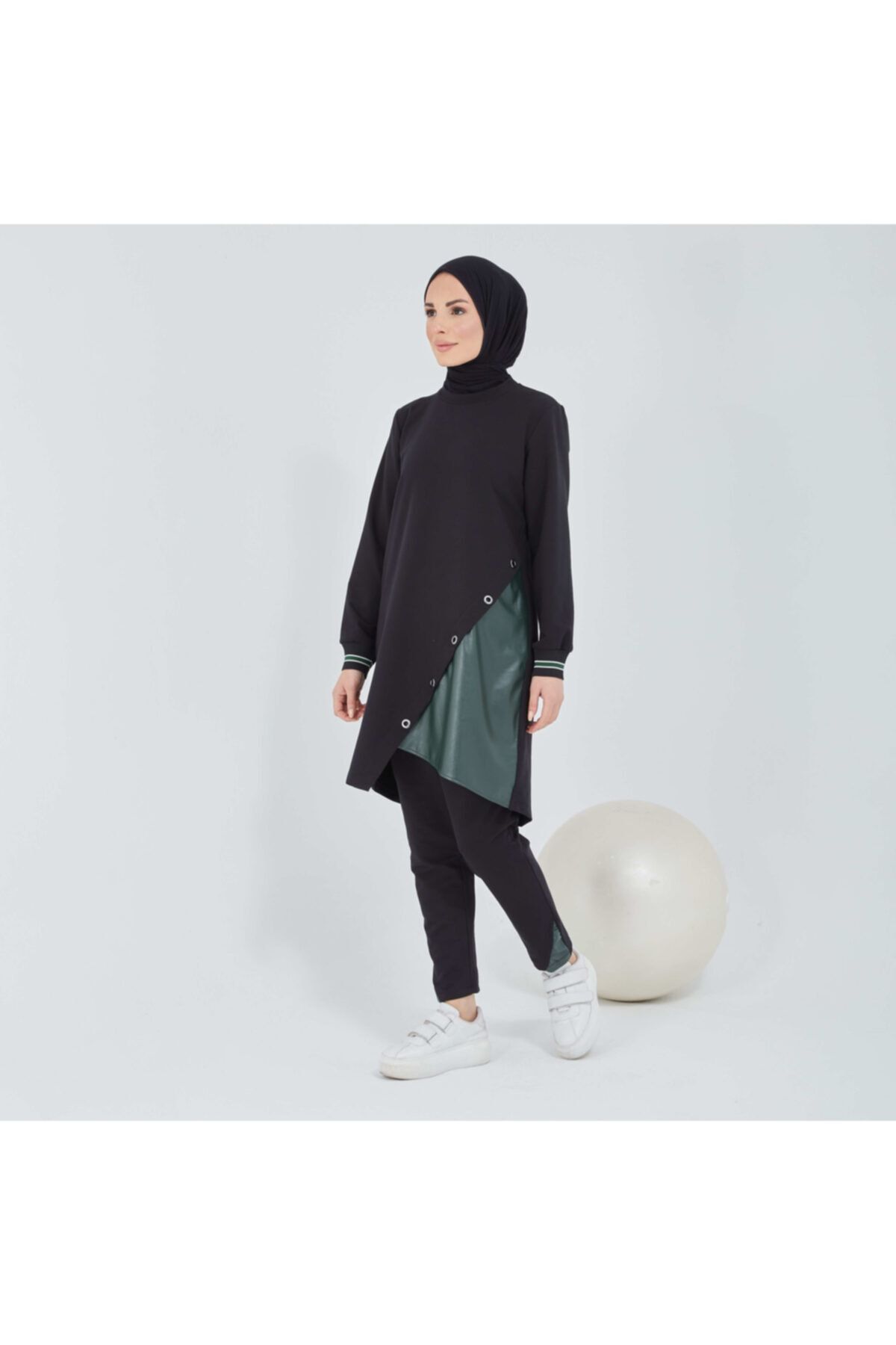 AİŞE MODA Deri Detaylı Iki Iplik Pamuk Kumaş Pantolonlu Takım -siyah