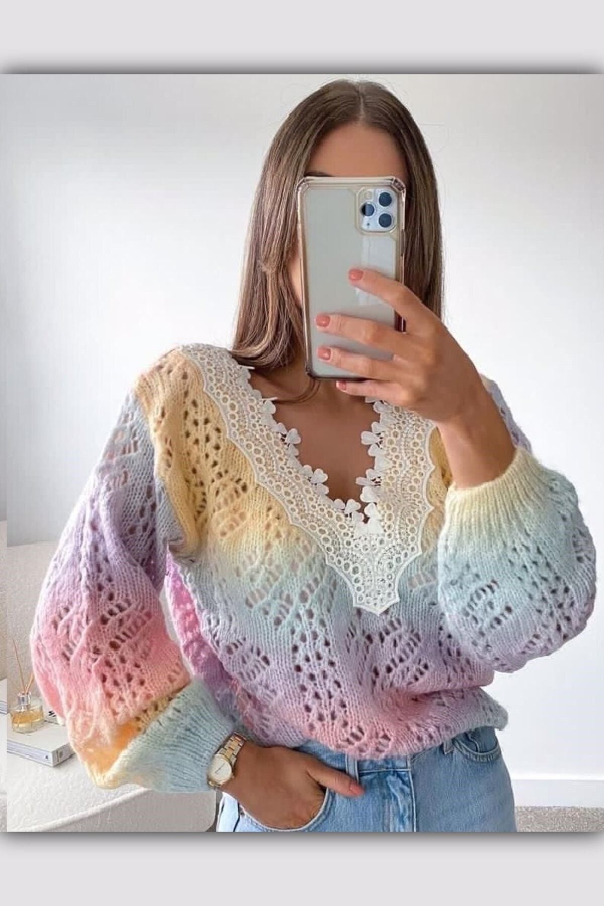 TEORA FASHION Raınbow Yaka Güpür Detay Ipek Iplik Triko Bluz