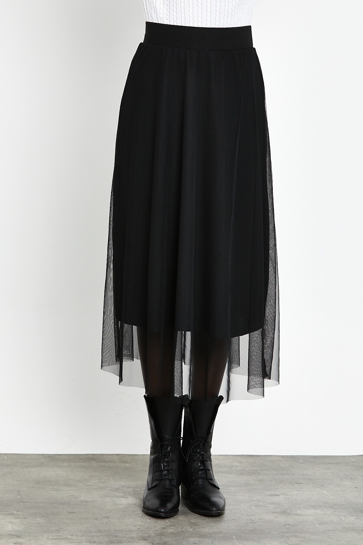 Verze Kadın Siyah Beli Lastikli İçi Astarlı Tül Etek