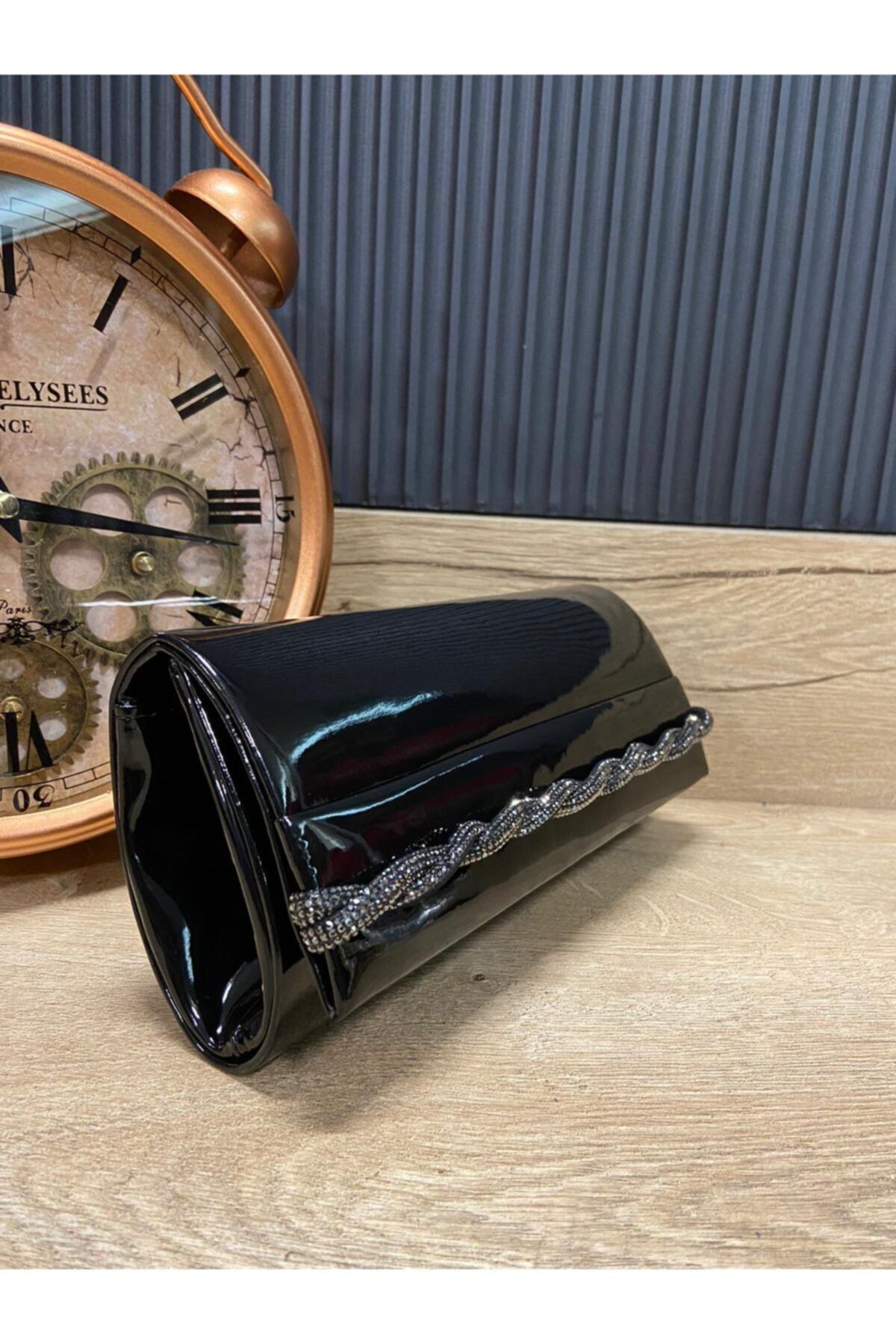 Satürn Boutique & Accessory Rugan Siyah Işıltılı Şerit Detaylı Abiye Çanta