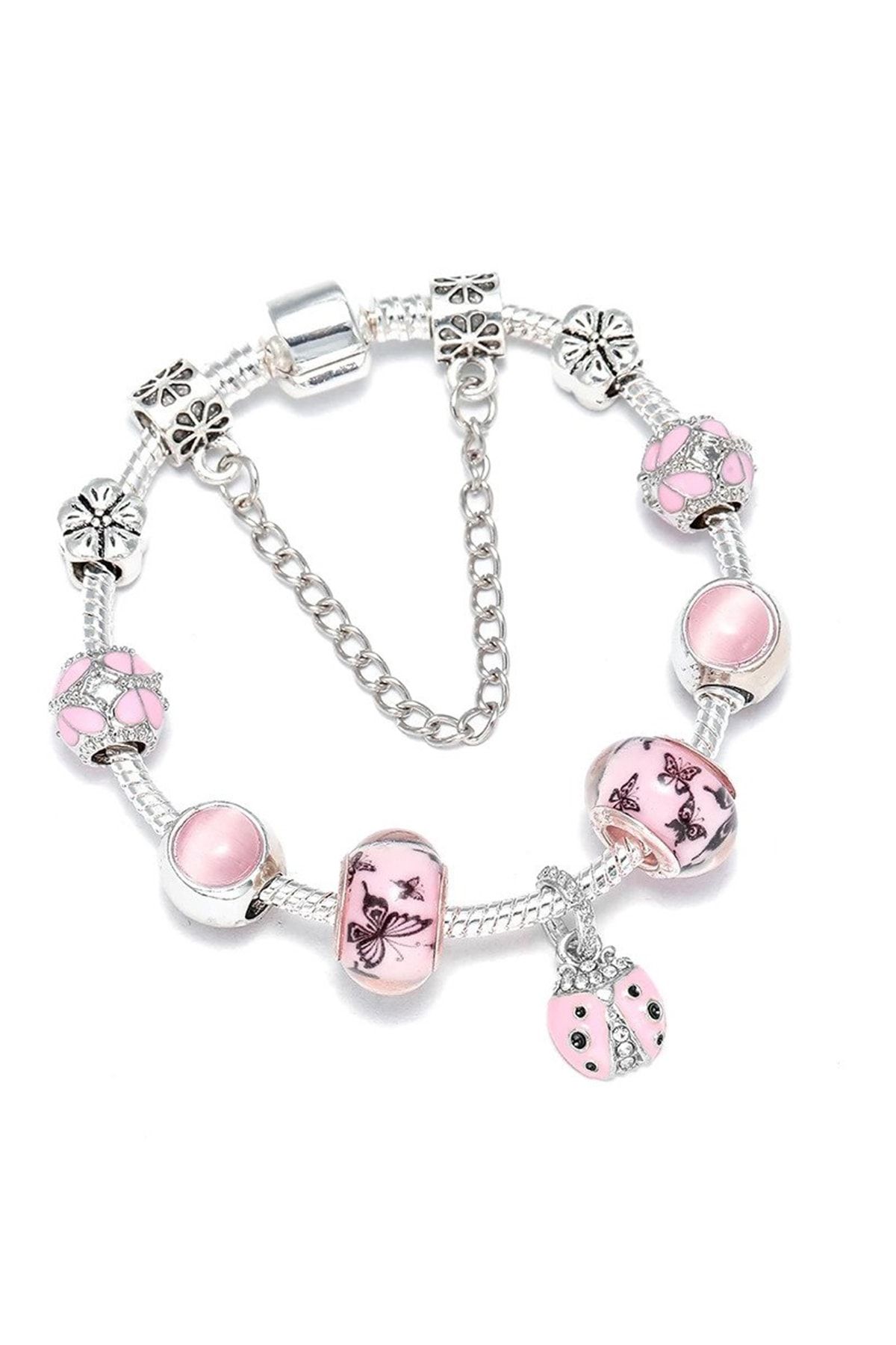 Dumledo Pembe Uğur Böceği Figürlü Gümüş Charm Bileklik