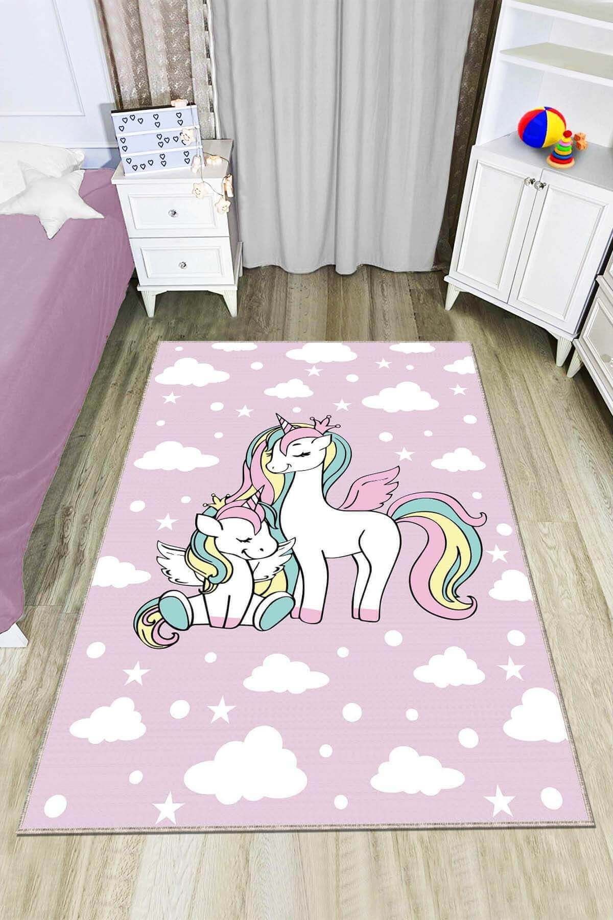 Viva Weaver's Makinede Yıkanabilen Kaymaz Tabanlı Sevimli Unicornlar Bebek Çocuk Halısı Ar787