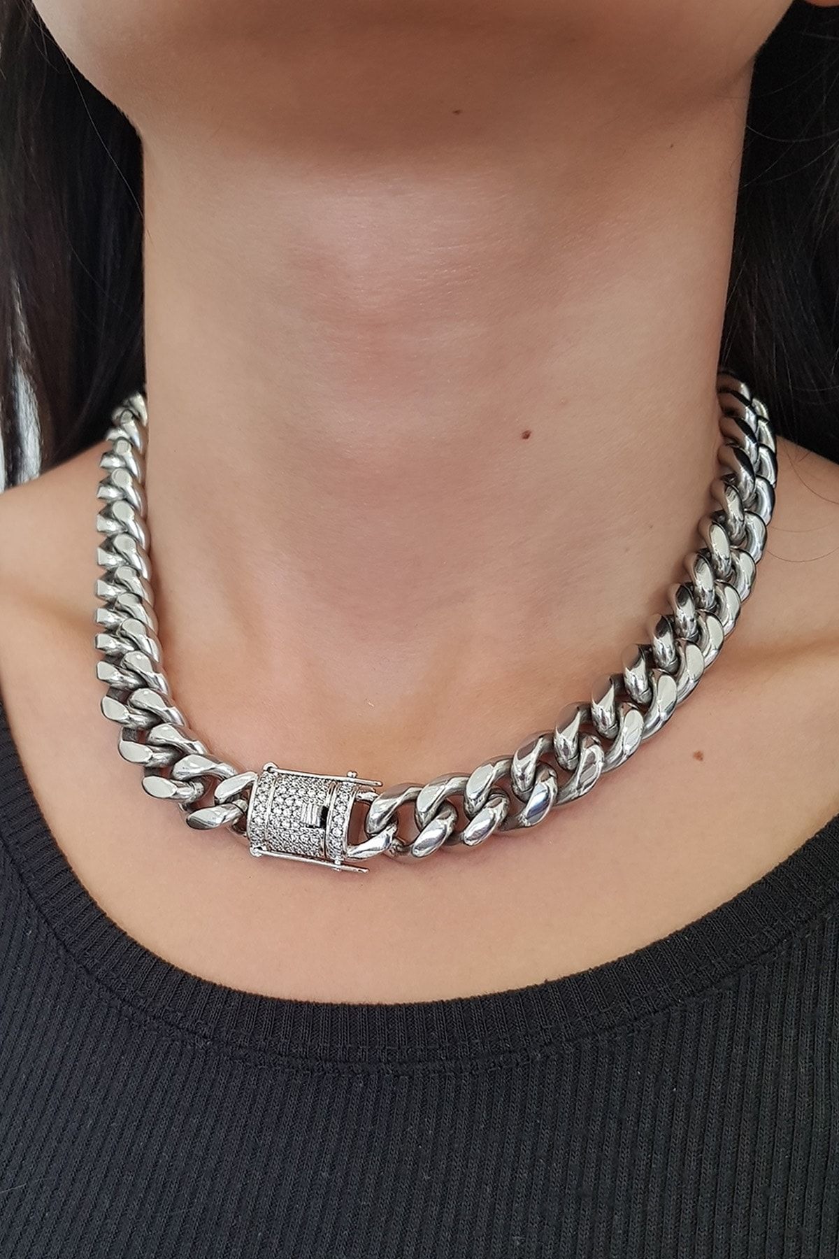 Chavin 46 Cm. 14 Mm. Taşlı Çelik Bayan Zincir Kolye Ep08