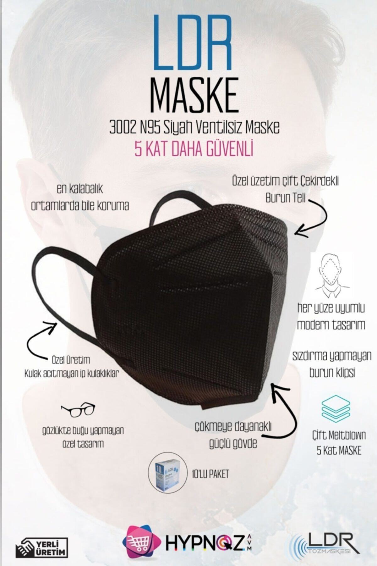 LDR 3002 N95 Siyah Ventilsiz Maske 10 Adet (1 KUTU)