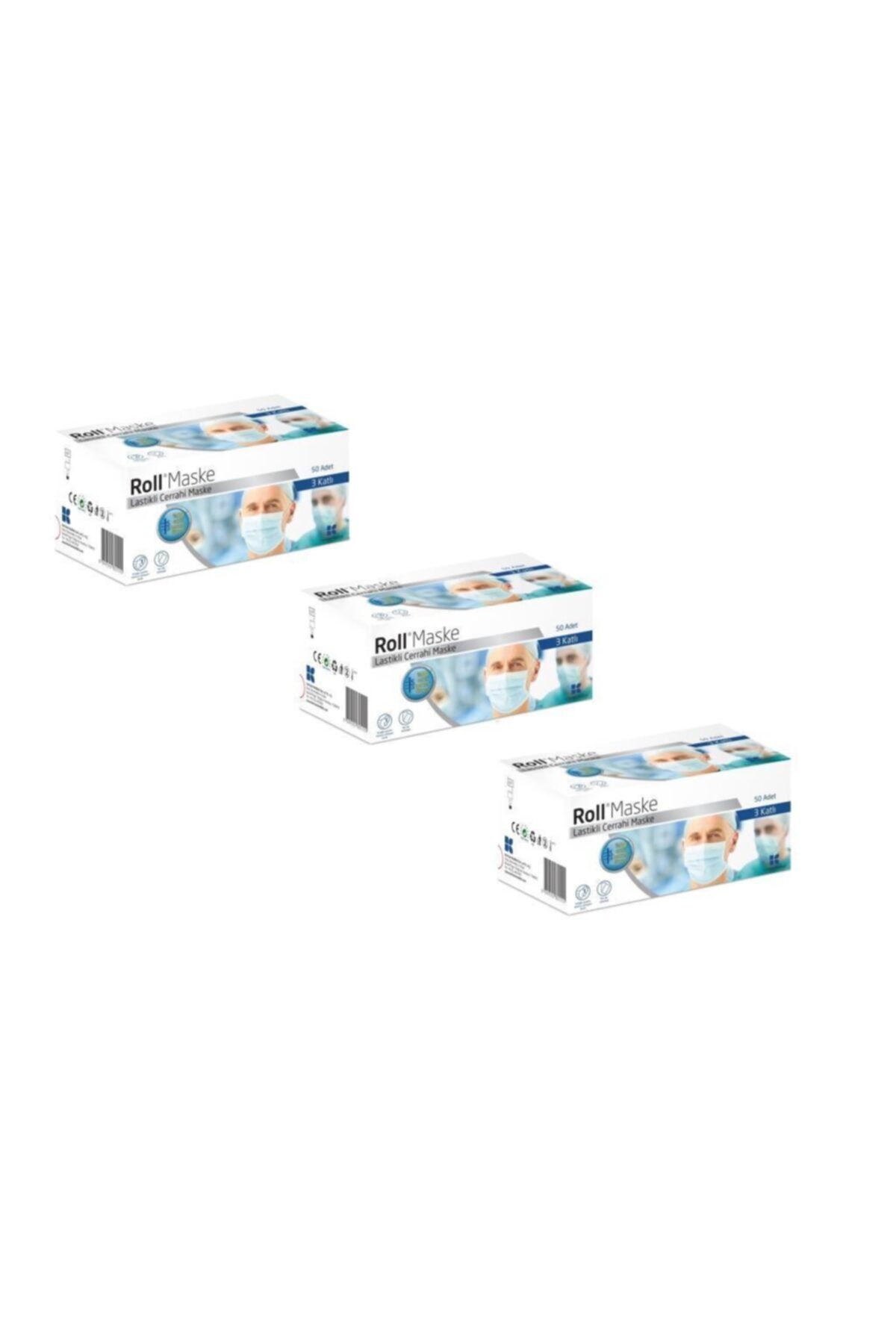 Roll Mavi Cerrahi Maske 3 Katlı Tekli Zarf 50li 3 Paket 150 Adet
