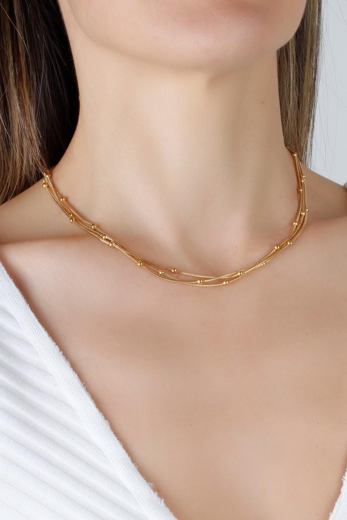 MadameConcept Italyan Zinciri Üzeri Top Detaylı Gold Renk Üçlü Çelik Kadın Kolye