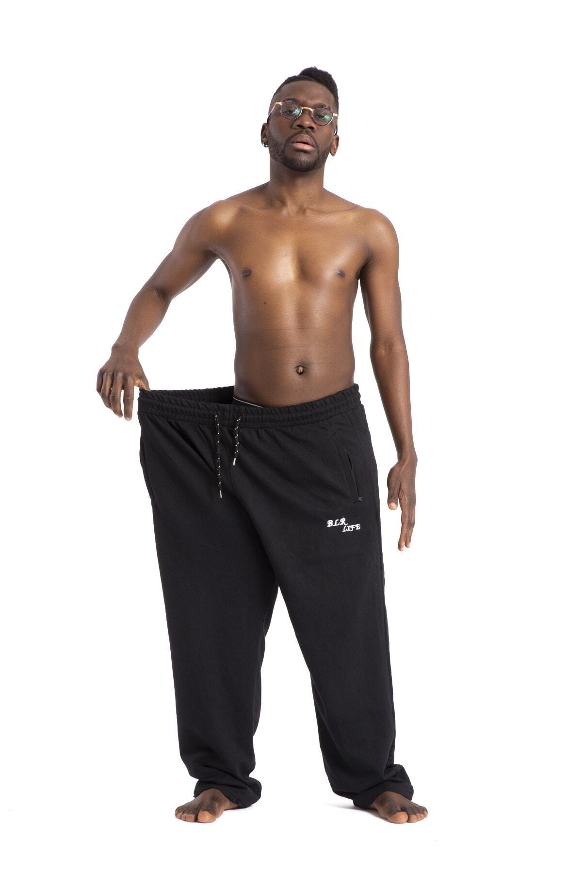 FEVİLLE Unisex Siyah Battal Boy Beli Lastikli Uzun Paça Eşofman Altı