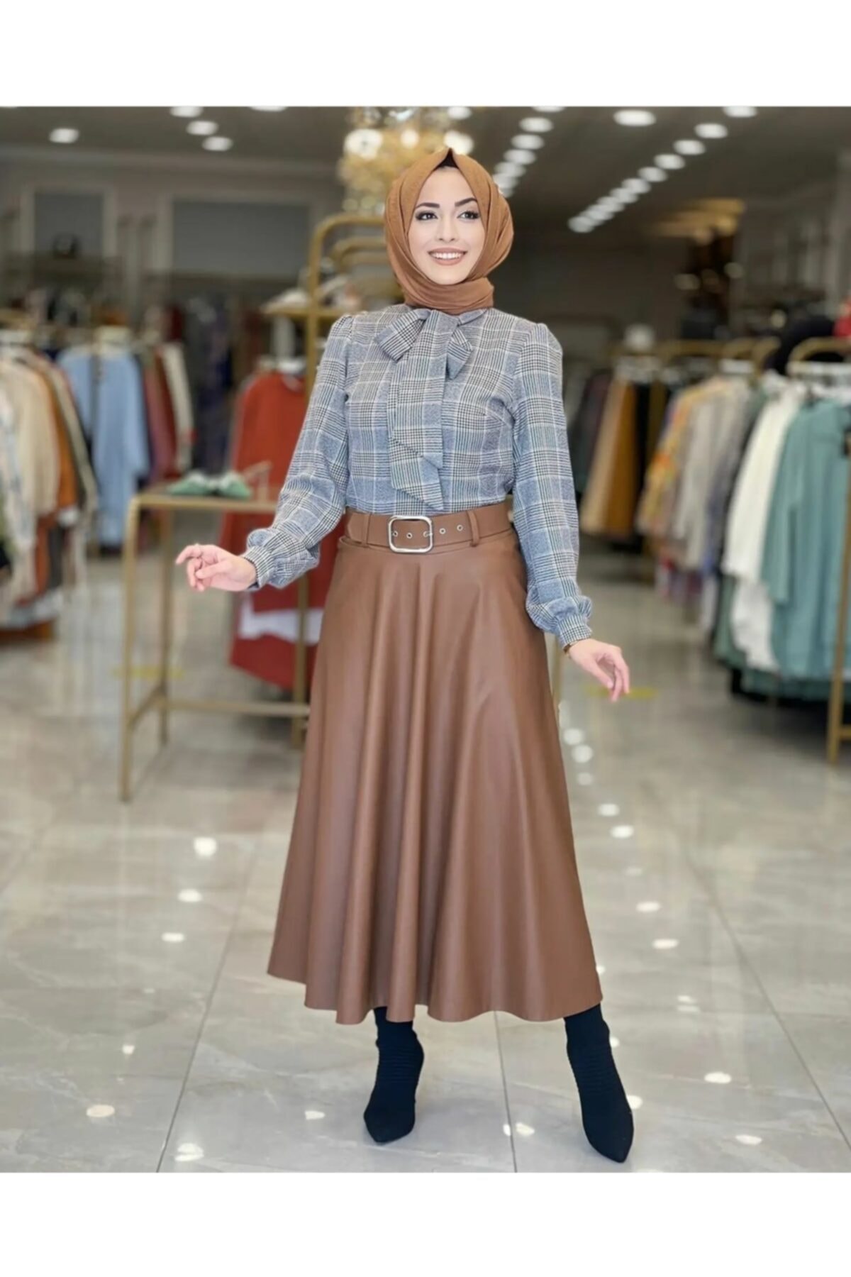 Berra Butik Tesettür Deri Etek - Taba