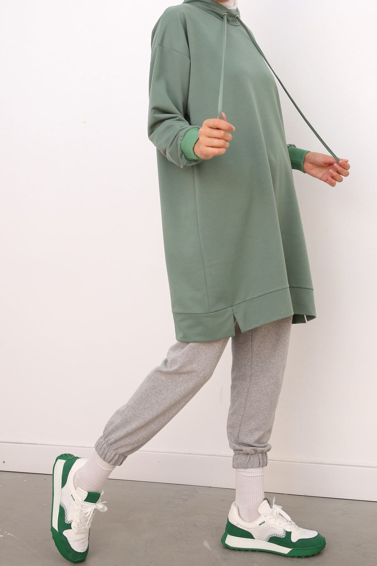 Ekrumoda Yeşil Kuşgözlü Rahat Kalıp Sweat Tunik