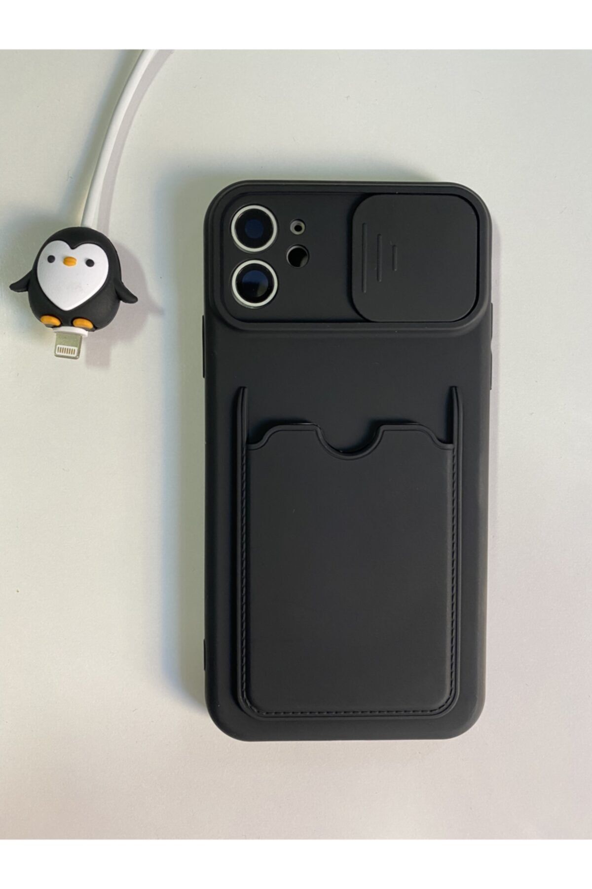 ggcoverstore Iphone 11 Uyumlu Kamera Sürgülü Kart Bölmeli Siyah Kılıf + Kablo Koruyucu