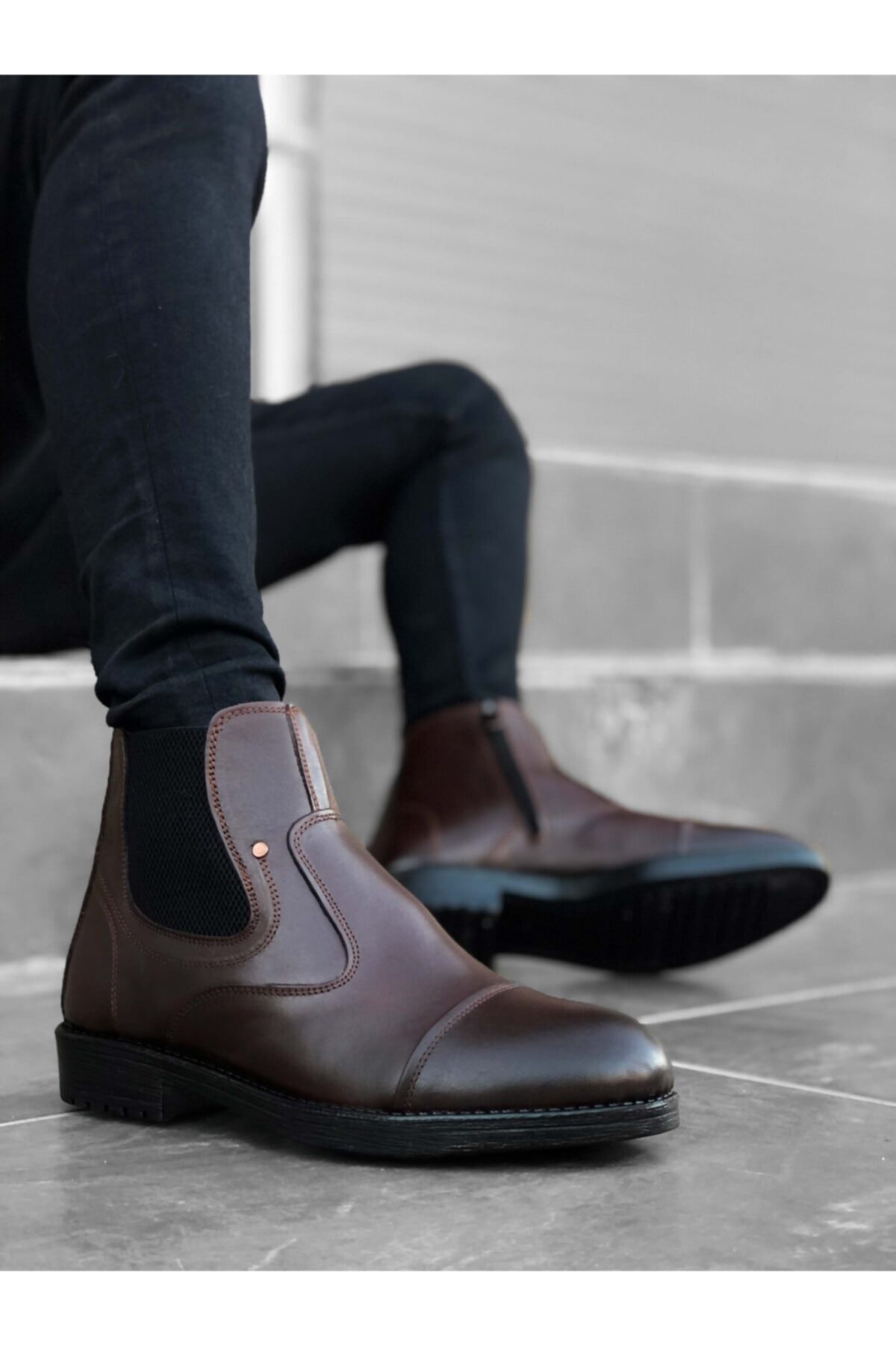 ayakkabıxml Er0191 Içi Dışı Hakiki Deri Kahvrengi Erkek Klasik Fermuarlı Yarım Bilek Bot