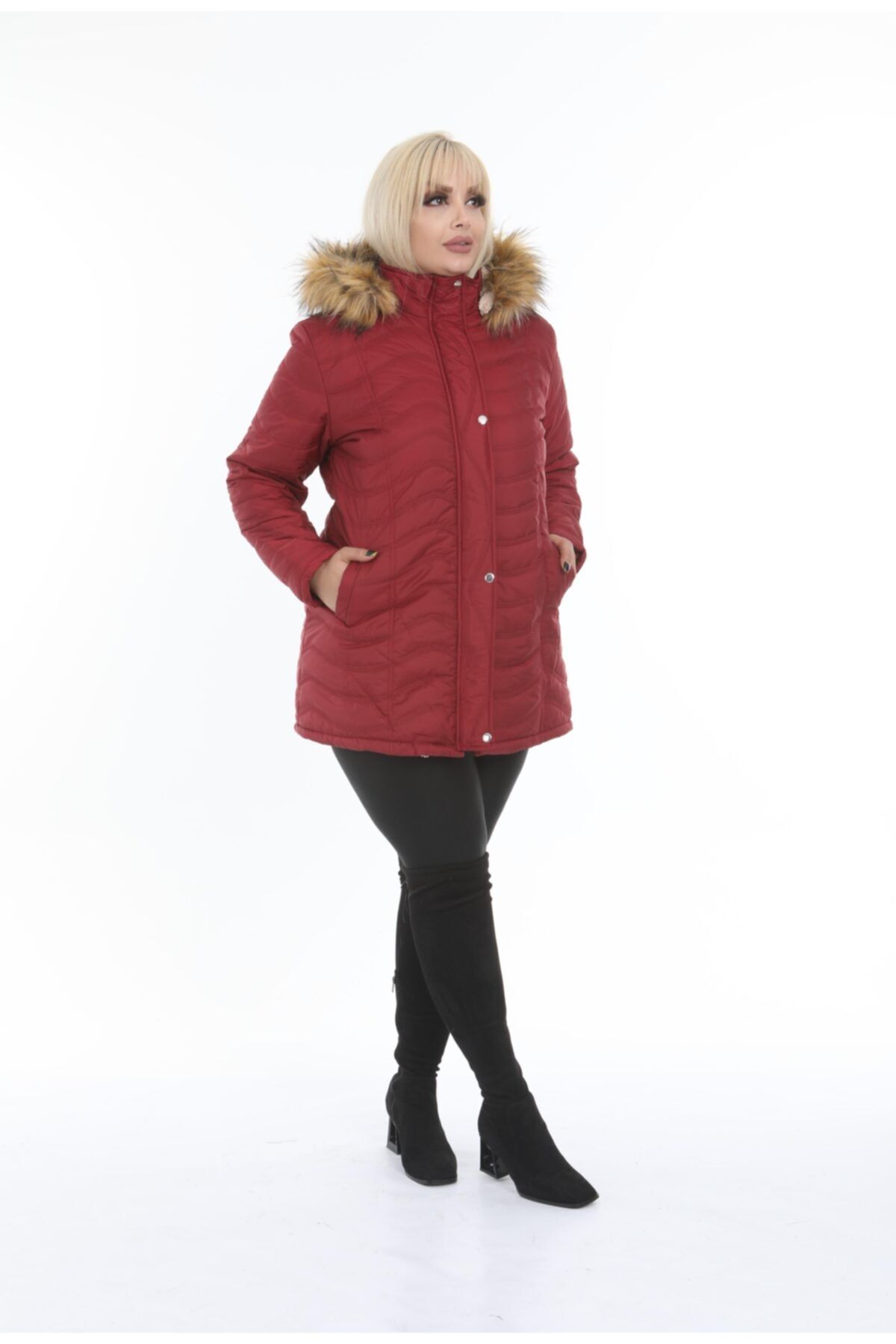 By Alba Collection Kadın Şişme Kapitone Içi Kıvırcık Büyük Beden Mont Bordo