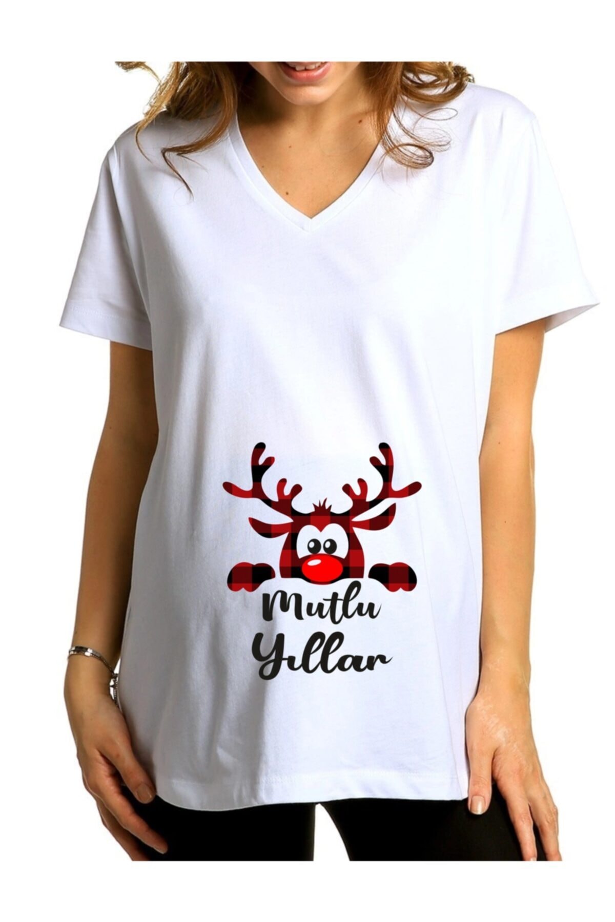 venüsdijital Ekoseli Sevimli Geyik Yeni Yıl Hamile Tişörtü