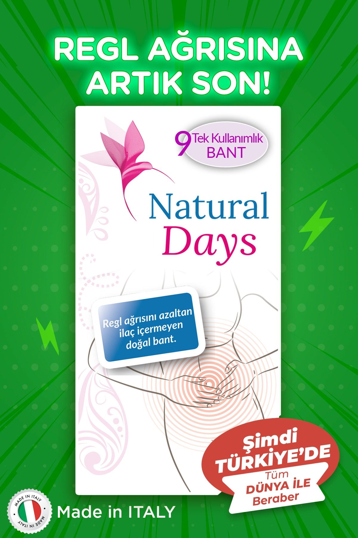 Natural Days REGL, Adet Ağrısını Azaltan İlaç İçermeyen Doğal Bant (9 Adet)