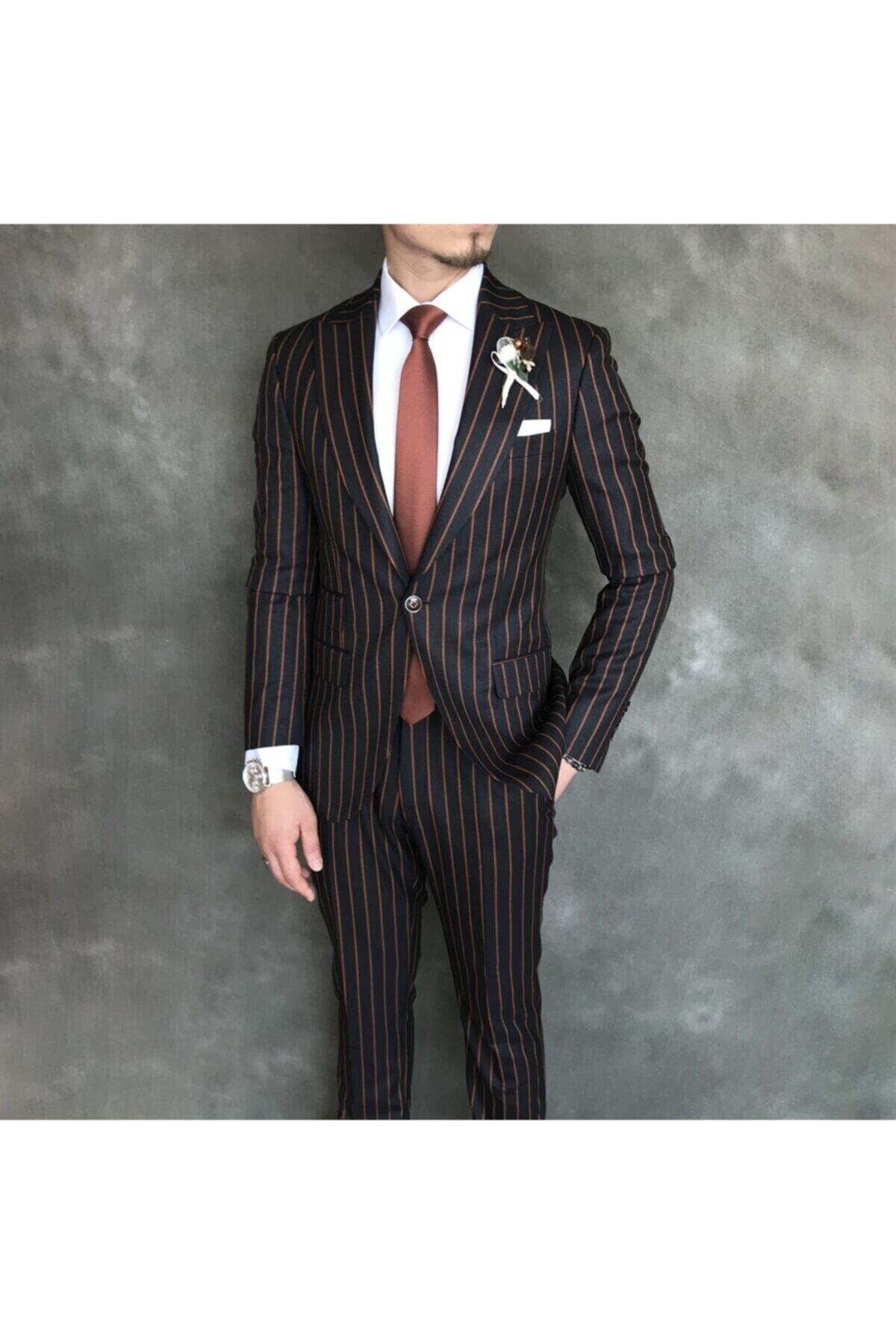 TerziAdemAltun Italyan Stil Slim Fit Erkek Ceket Pantolon Takım Elbise Siyah T6087