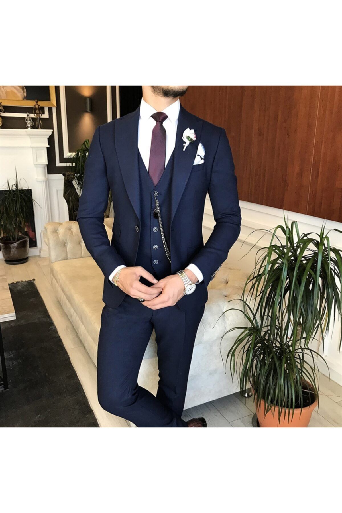 TerziAdemAltun Italyan Stil Slim Ceket Yelek Pantolon Takım Elbise Lacivert T6240