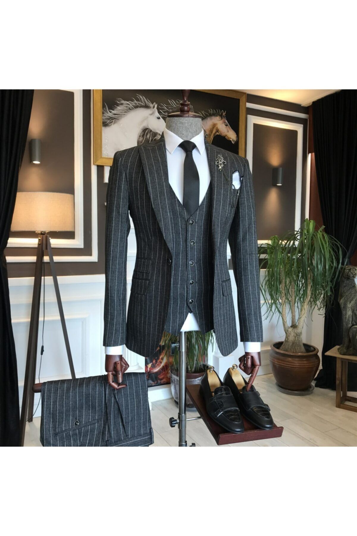 TerziAdemAltun Italyan Stil Slim Ceket Yelek Pantolon Takım Elbise Siyah T6236