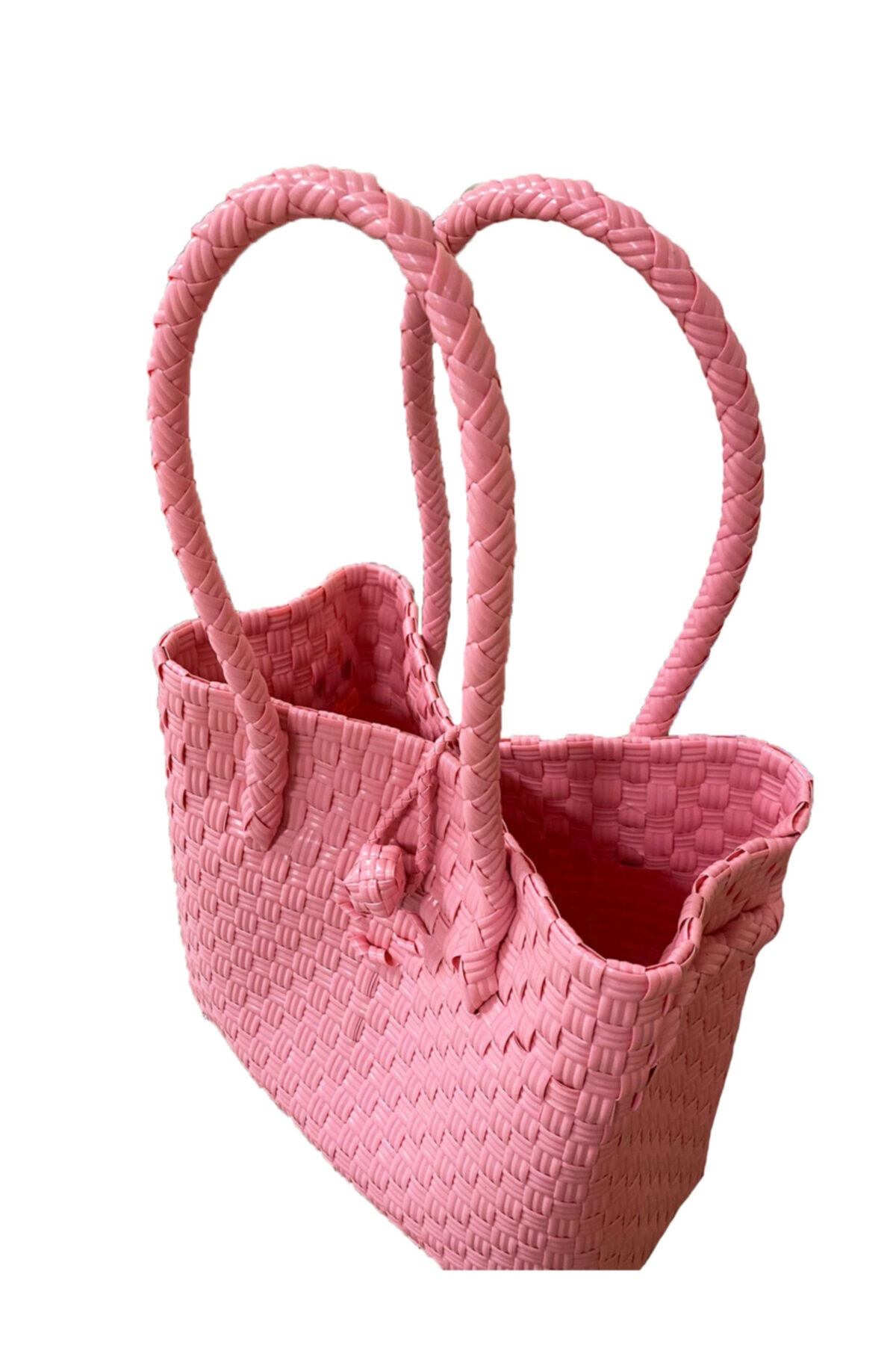 Referans Şeritli El Yapımı Plastik Örgü Sepet Çanta Küçük Boy Pembe