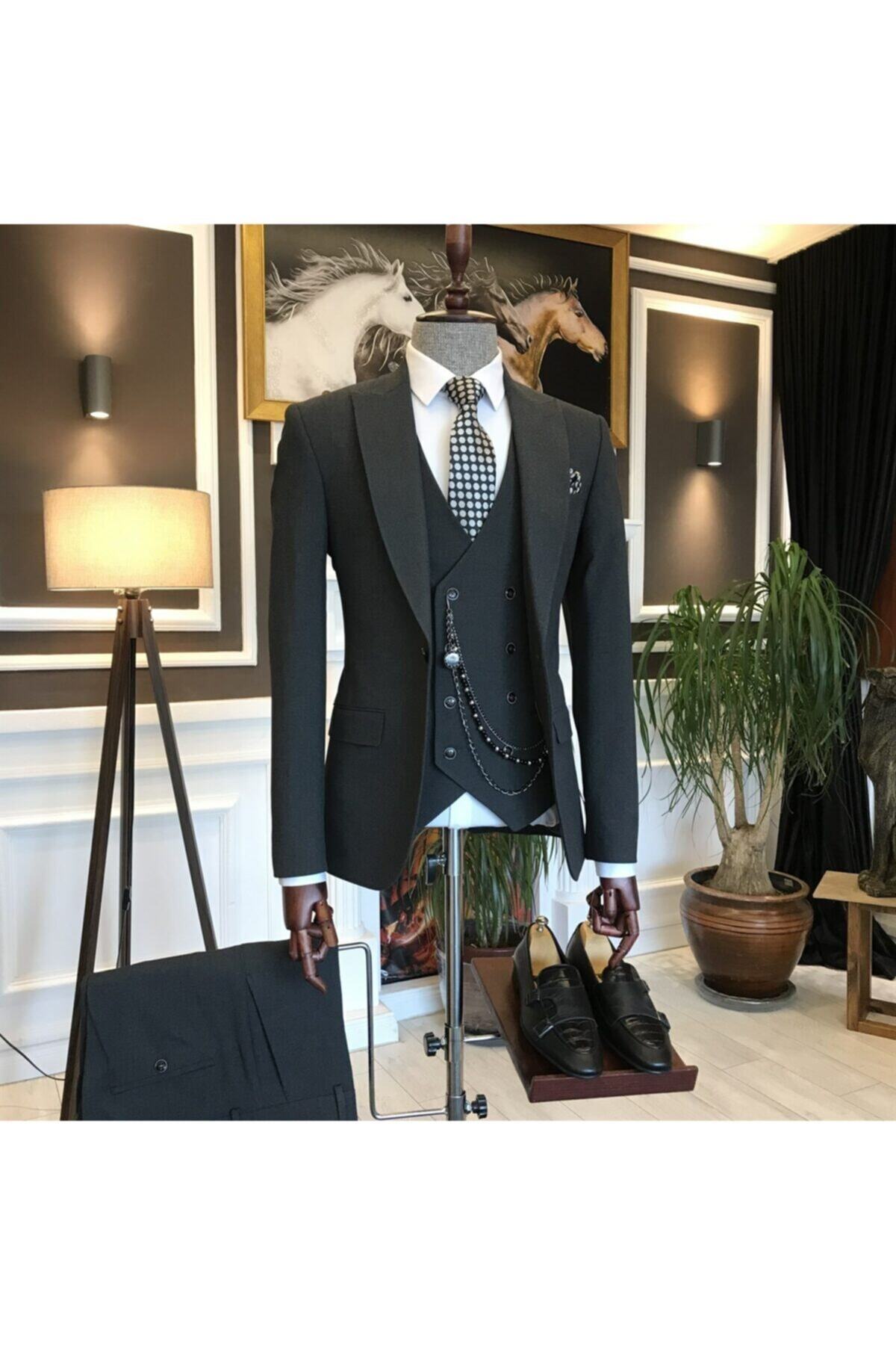 TerziAdemAltun Italyan Stil Ceket Yelek Pantolon Takım Elbise Antrasit T6258