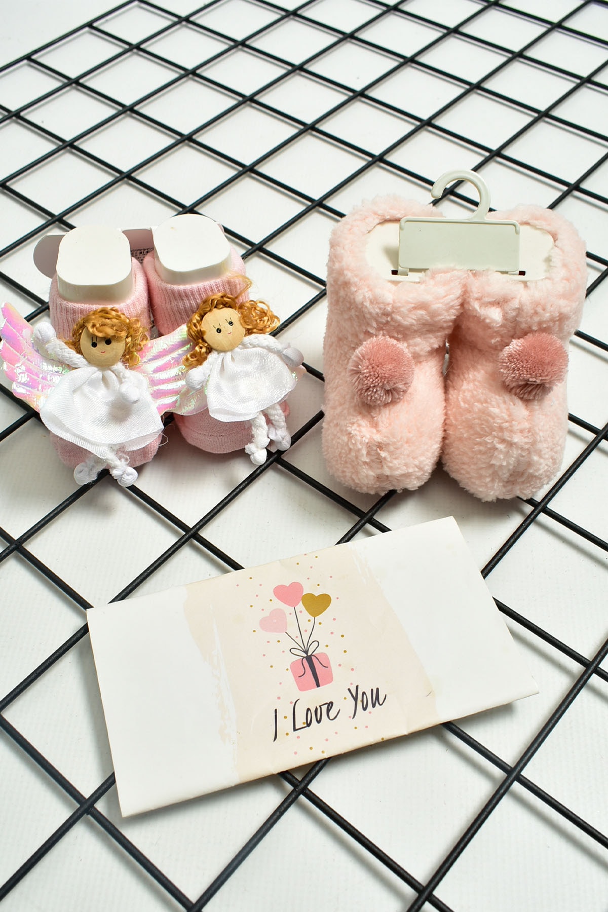 Bebe Türk Kız Bebek Peluş Panduf & Prenses Baskılı Çorap Pudra