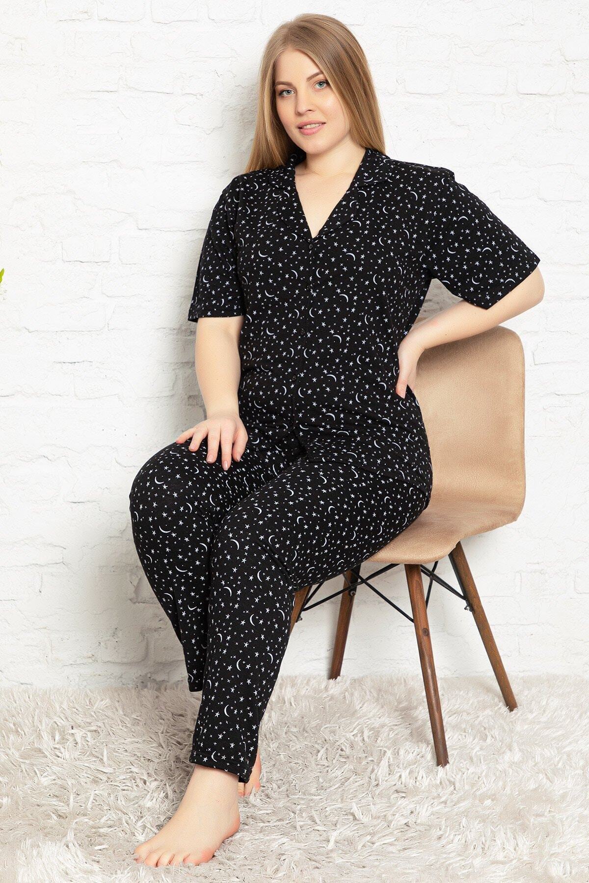 Afilva Kadın Siyah  Krem Büyük Beden Pijama Takımı
