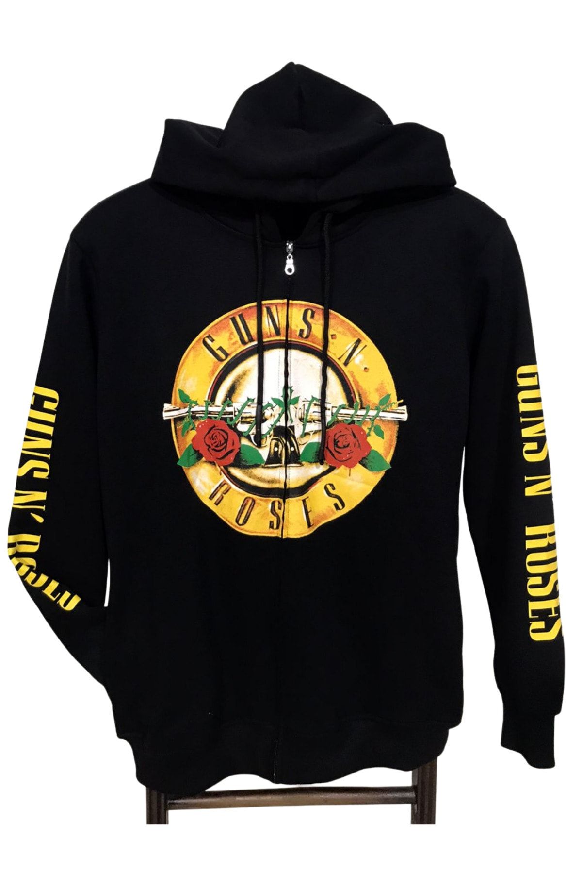 Lucky Boy Siyah Unisex Yan Cepli Baskılı Fermuarlı Kapüşonlu Metal Grup Hırka Guns N Roses