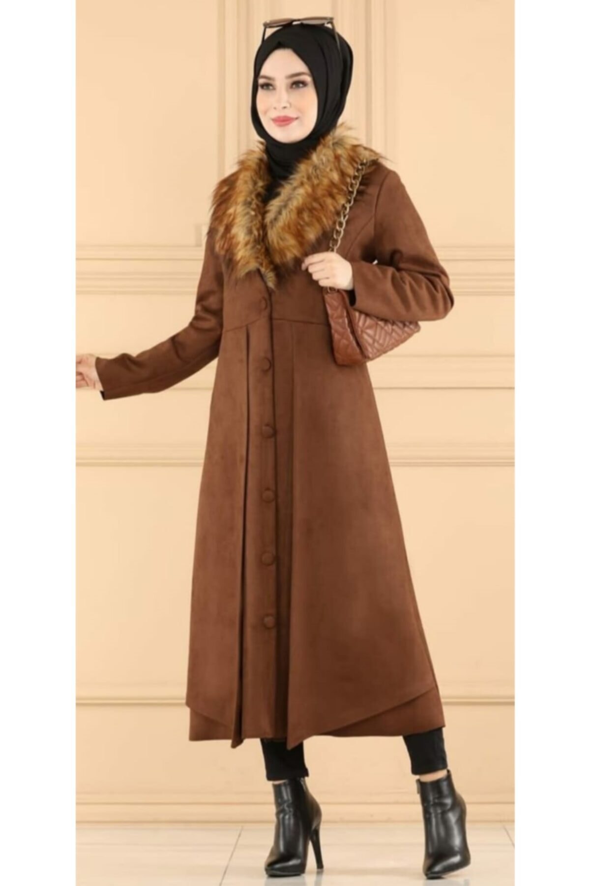 YGS KARDEŞLER Kürk Detaylı Süet Kaban 6359 Taba