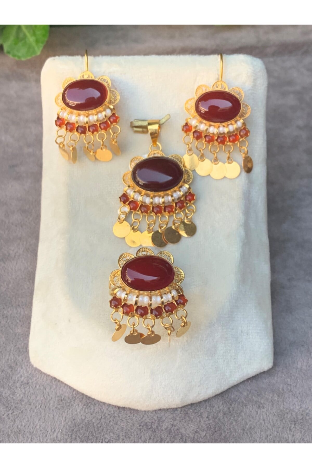 Bayar Gold 14 Ayar Altın Pullu Telkarili Akik Set