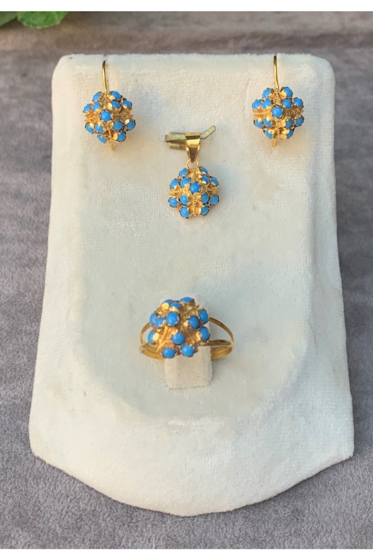 Bayar Gold 14 Ayar Altın Piramit Model Koyu Firuze Set