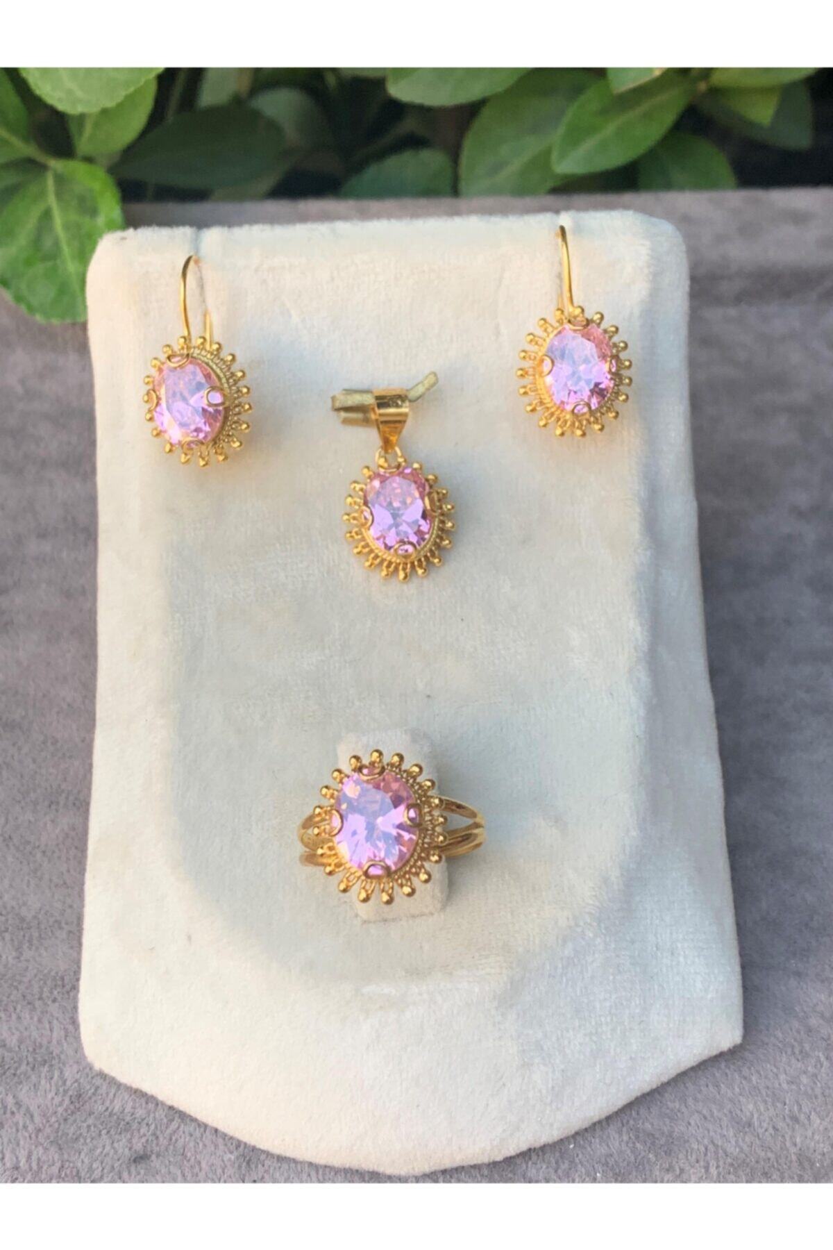 Bayar Gold 14 Ayar Altın Güneşli Model Pembe Yakut Set