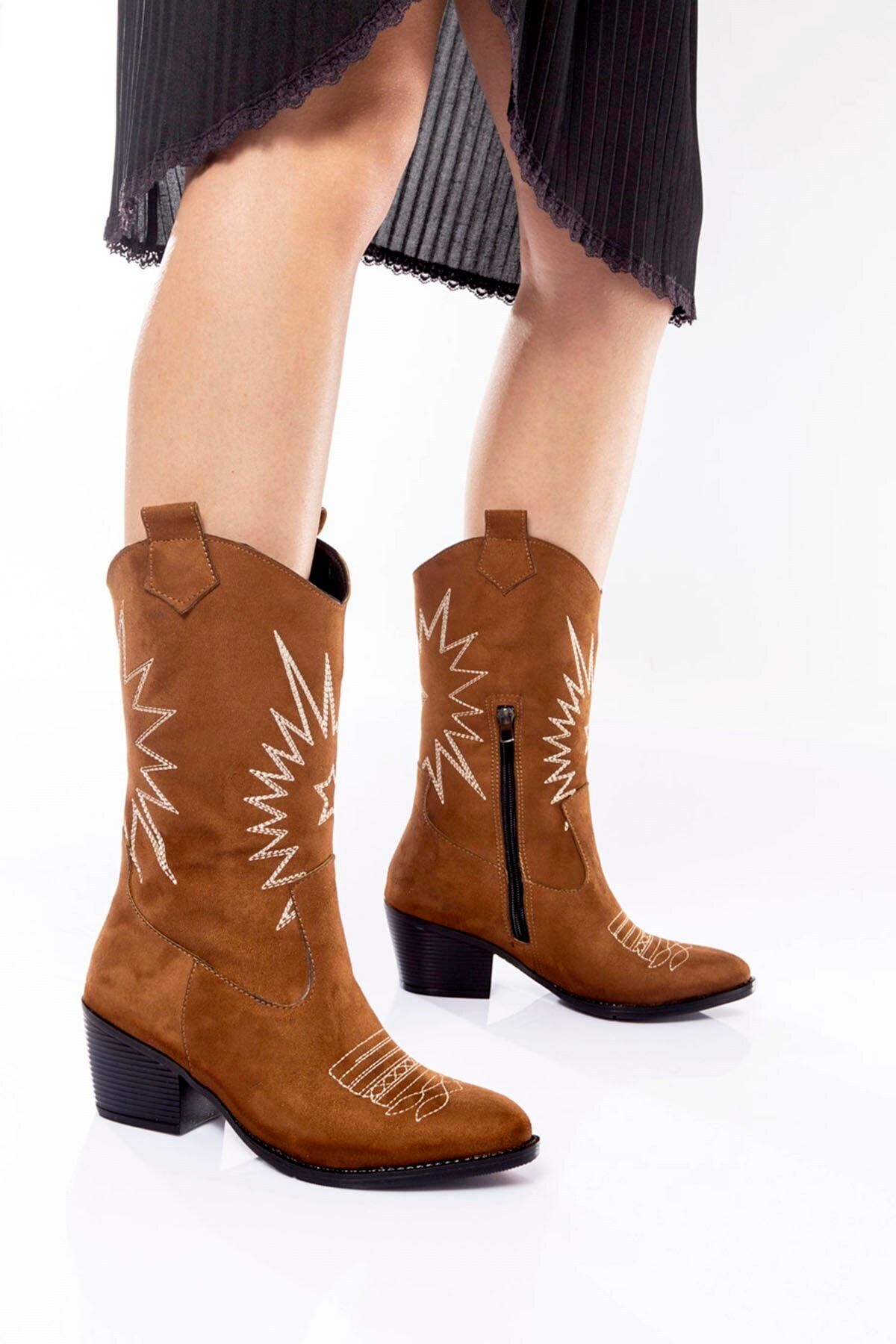 Bak Store Taba Süet Kadin Nakişli Fermuarli Western Kovboy Çizme Bot