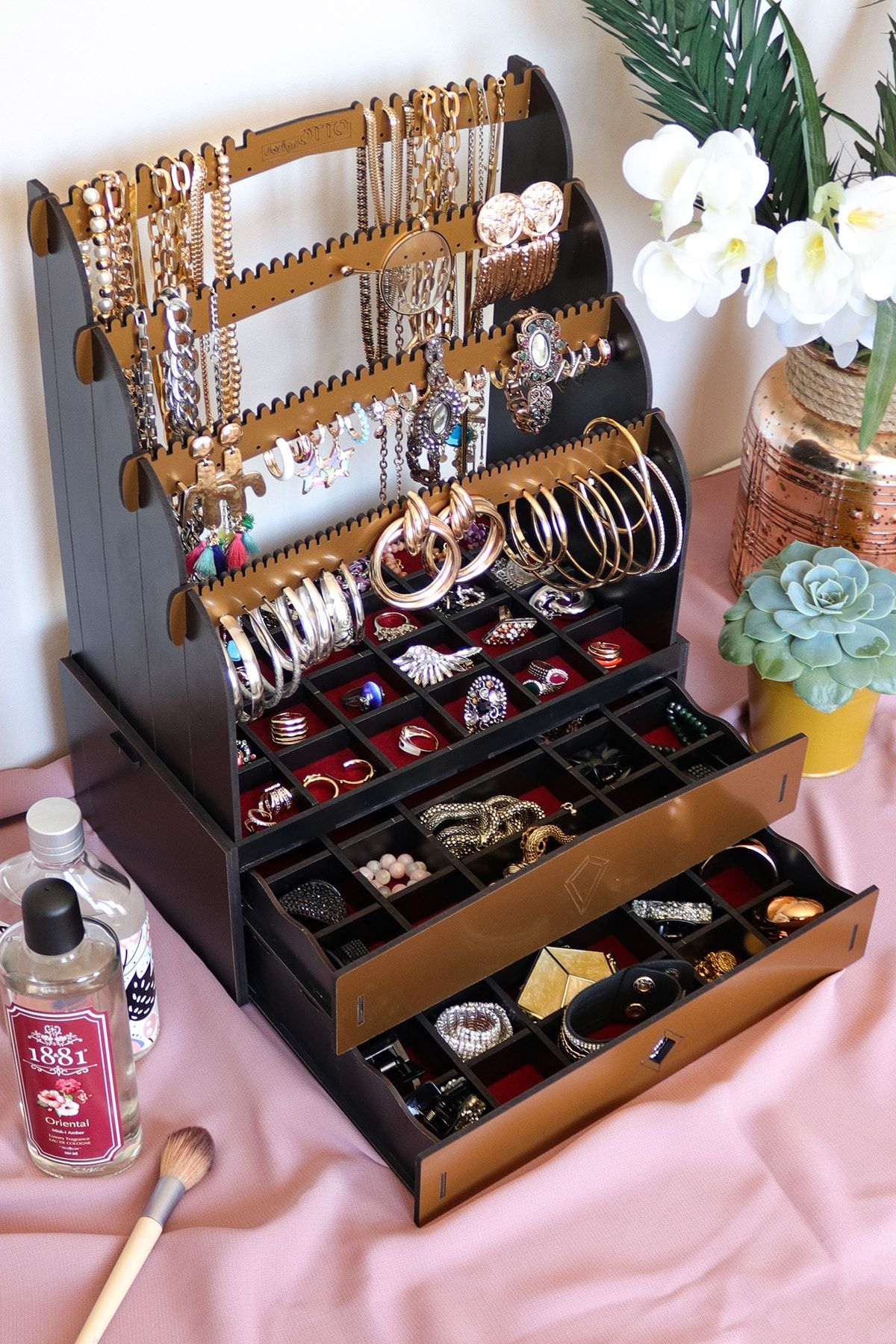 Design OTTO Diamond Large Organizer Kozmetik Makyaj Kolye Küpe Yüzük Takı Kutusu Düzenleyici Siyah Gold